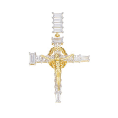 Baguette Moissanite Cross Pendant with Gold Jesus Figure