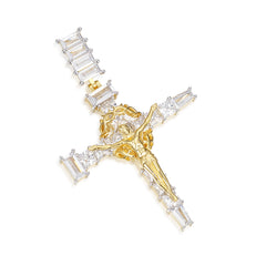 Baguette Moissanite Cross Pendant with Gold Jesus Figure
