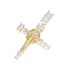 Baguette Moissanite Cross Pendant with Gold Jesus Figure