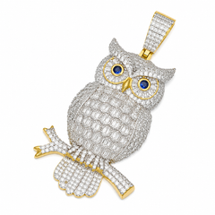Baguette Moissanite Owl Pendant 14K Gold Plated Over 925 Sterling Silver