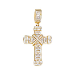 Baguette and Round Moissanite Gold Cross Pendant