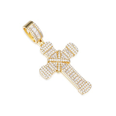 Baguette and Round Moissanite Gold Cross Pendant