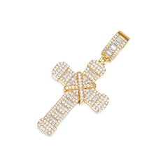 Baguette and Round Moissanite Gold Cross Pendant