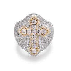 Big Micropave Baguette Cross Men's Ring With Moissanite and S925 Sterling Silver