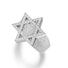 Fully Iced Moissanite Star of David Baugette Cut Ring