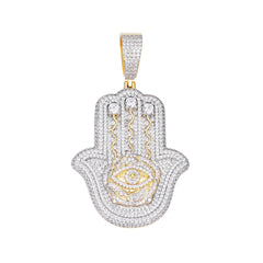 Iced-Out Hamsa Hand Pendant with VVS Moissanite and Evil Eye Symbol