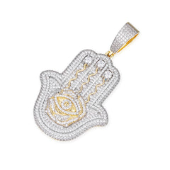 Iced-Out Hamsa Hand Pendant with VVS Moissanite and Evil Eye Symbol