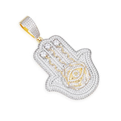 Iced-Out Hamsa Hand Pendant with VVS Moissanite and Evil Eye Symbol