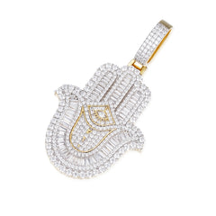 Iced-Out Moissanite Hamsa Pendant with Evil Eye and Baguette Detailing