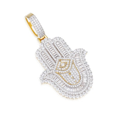 Iced-Out Moissanite Hamsa Pendant with Evil Eye and Baguette Detailing