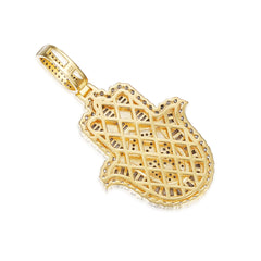 Iced-Out Moissanite Hamsa Pendant with Evil Eye and Baguette Detailing