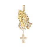 Iced-Out Praying Hands Pendant with Rosary and Cross VVS Moissanite
