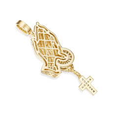 Iced-Out Praying Hands Pendant with Rosary and Cross VVS Moissanite
