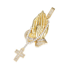 Iced-Out Praying Hands Pendant with Rosary and Cross VVS Moissanite