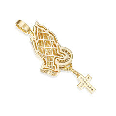Iced-Out Praying Hands Pendant with Rosary and Cross VVS Moissanite