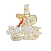 Iced-Out Snake and Savage Text Pendant with Moissanite