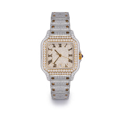 Iced Out Square Two Tone Moissanite 14K Gold Plated Stainless Steel Watch