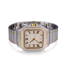 Iced Out Square Two Tone Moissanite 14K Gold Plated Stainless Steel Watch