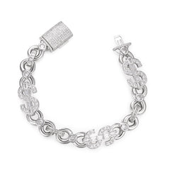 Iced Out Sterling Silver 13MM Dollar Sign Bracelet