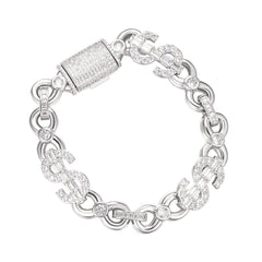 Iced Out Sterling Silver 13MM Dollar Sign Bracelet