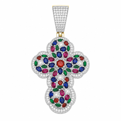 Multicolor Moissanite Floral Cross Pendant | 14K Gold Plated Over 925 Sterling Silver