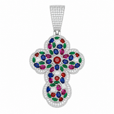 Multicolor Moissanite Floral Cross Pendant | 14K Gold Plated Over 925 Sterling Silver