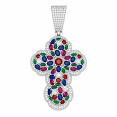 Multicolor Moissanite Floral Cross Pendant | 14K Gold Plated Over 925 Sterling Silver