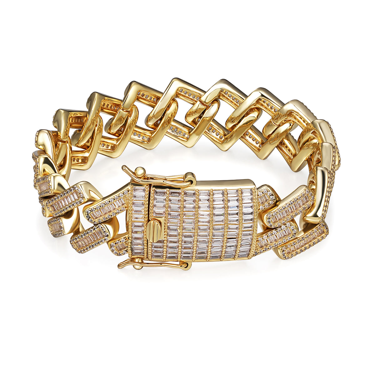 22MM Bold Gold Moissanite Cuban Link Necklace with Baguette Cuts