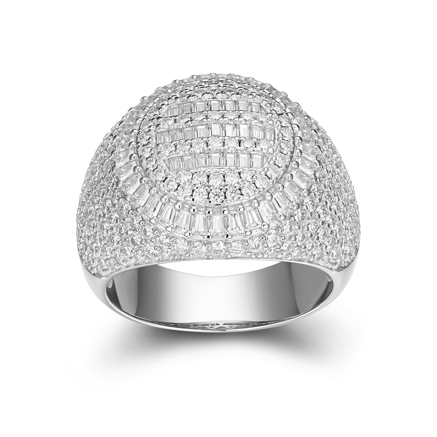 925 Sterling Silver Iced Baguette Moissanite Round Ring