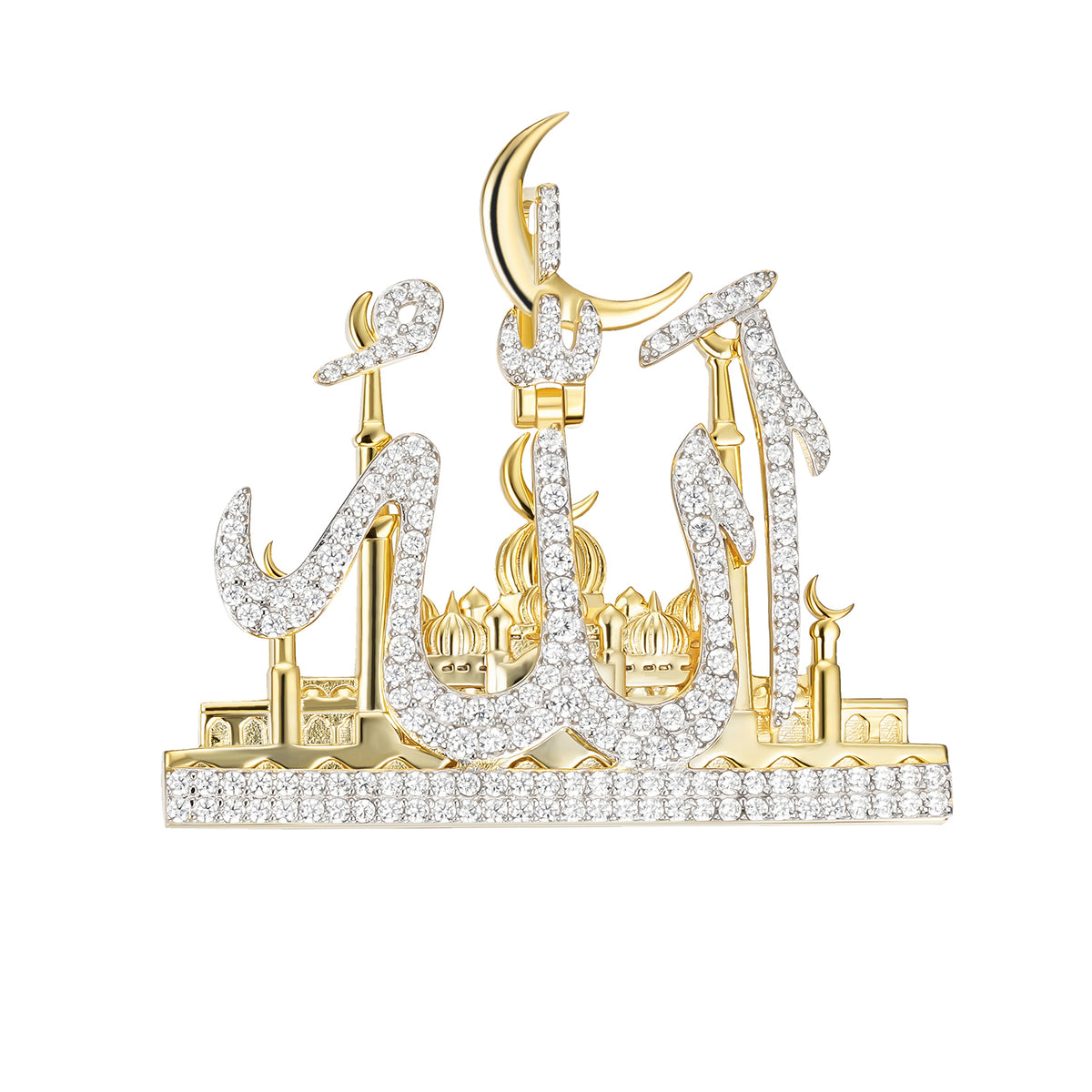 Allah Pendant with Mosque and Crescent Design in Moissanite
