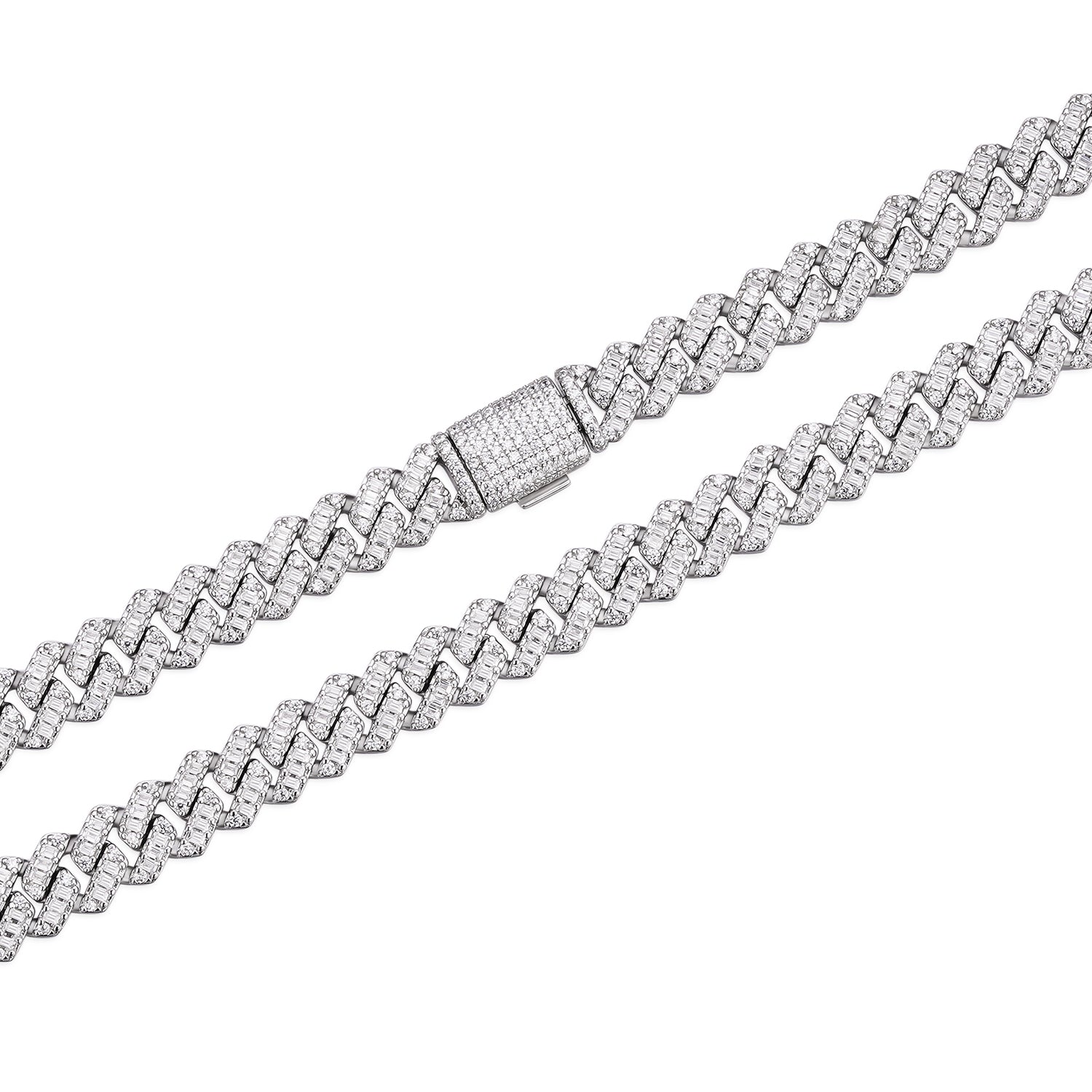 Baguette-cut  8-20mm VVS Colorless Moissanite Cuban Chain in 925 Sterling Silver