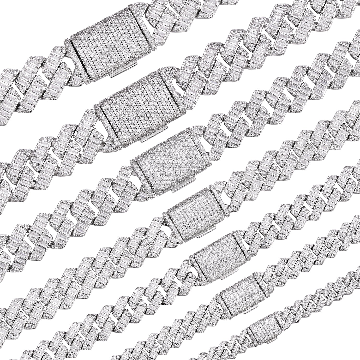 Baguette-cut  8-20mm VVS Colorless Moissanite Cuban Chain in 925 Sterling Silver