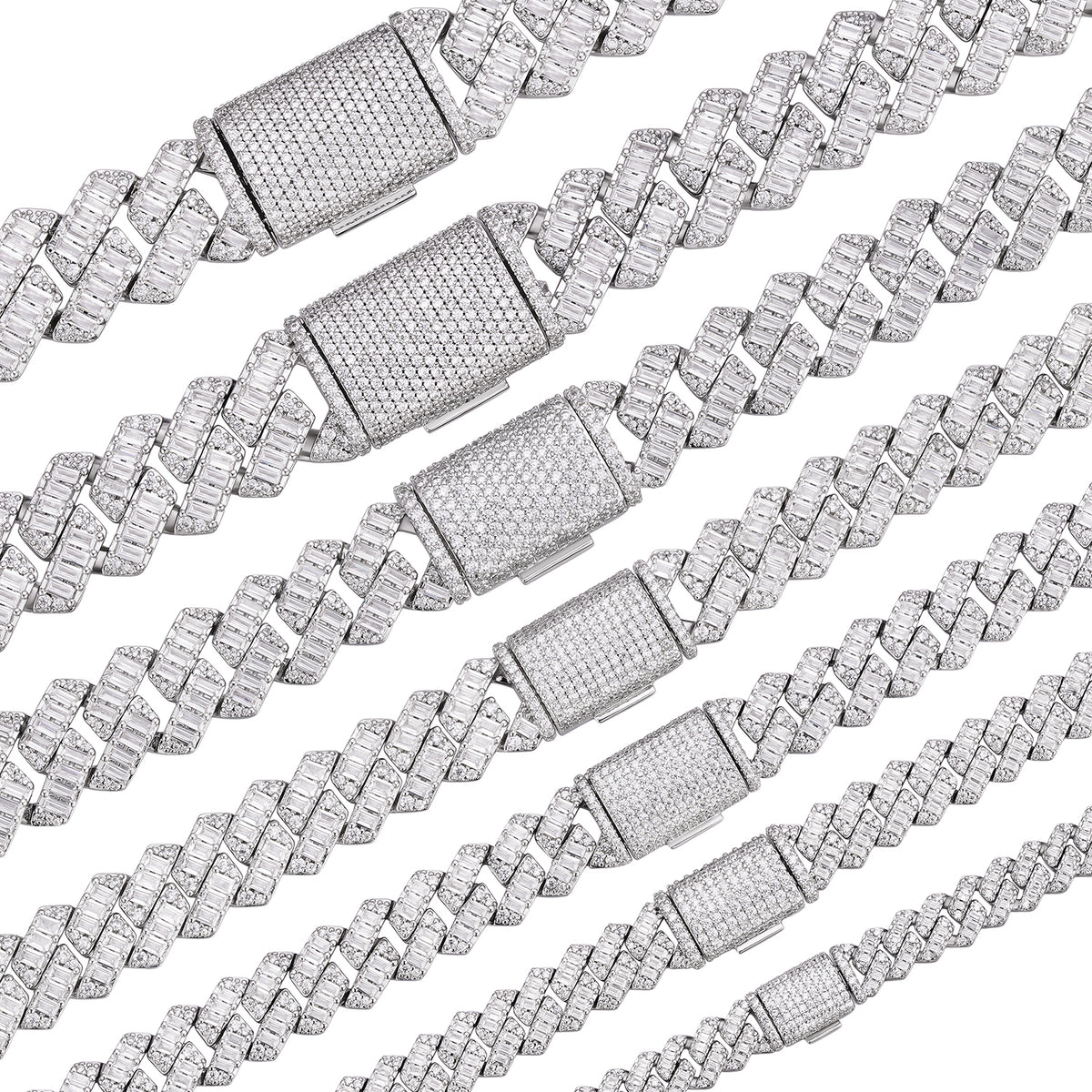 Baguette-cut  8-20mm VVS Colorless Moissanite Cuban Chain in 925 Sterling Silver