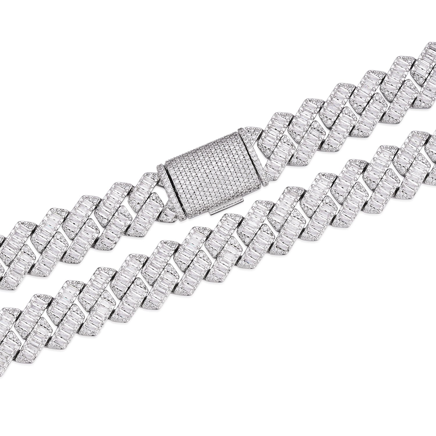 Baguette-cut  8-20mm VVS Colorless Moissanite Cuban Chain in 925 Sterling Silver