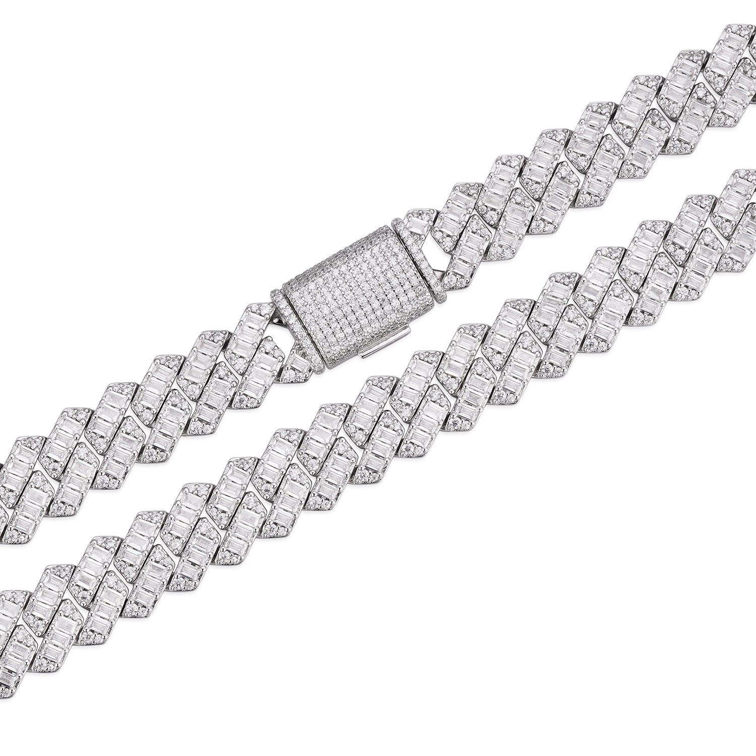 Baguette-cut  8-20mm VVS Colorless Moissanite Cuban Chain in 925 Sterling Silver