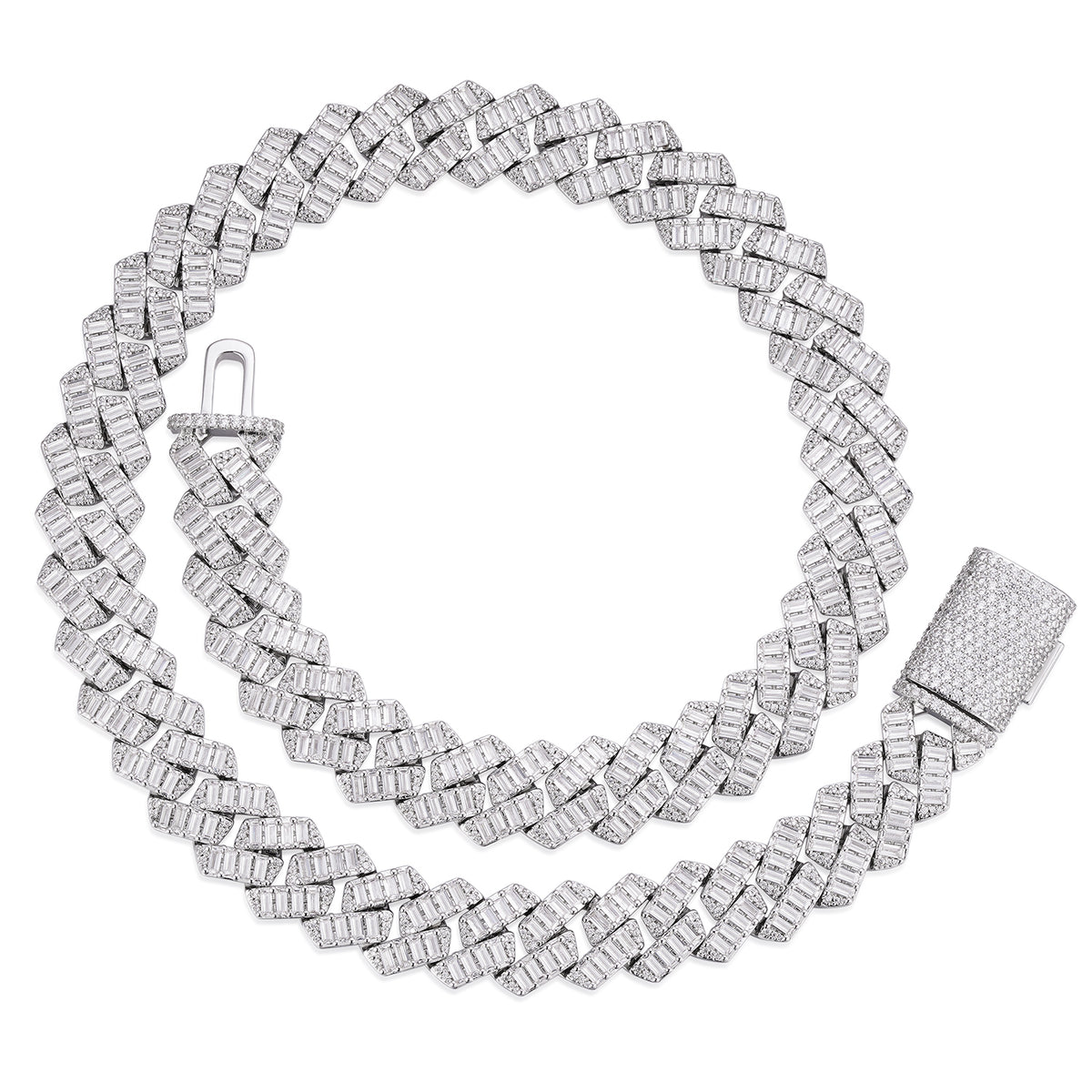 Baguette-cut  8-20mm VVS Colorless Moissanite Cuban Chain in 925 Sterling Silver