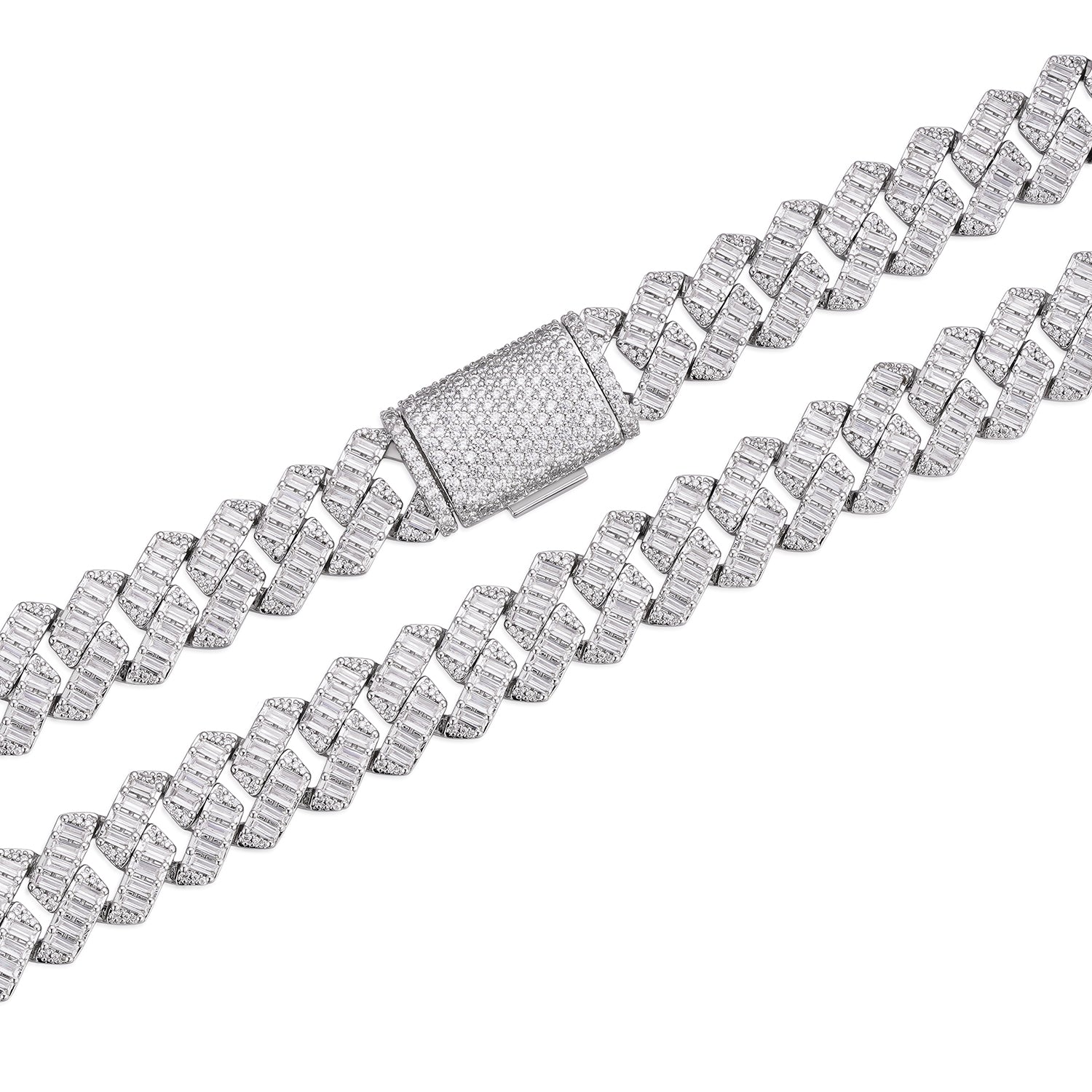 Baguette-cut  8-20mm VVS Colorless Moissanite Cuban Chain in 925 Sterling Silver