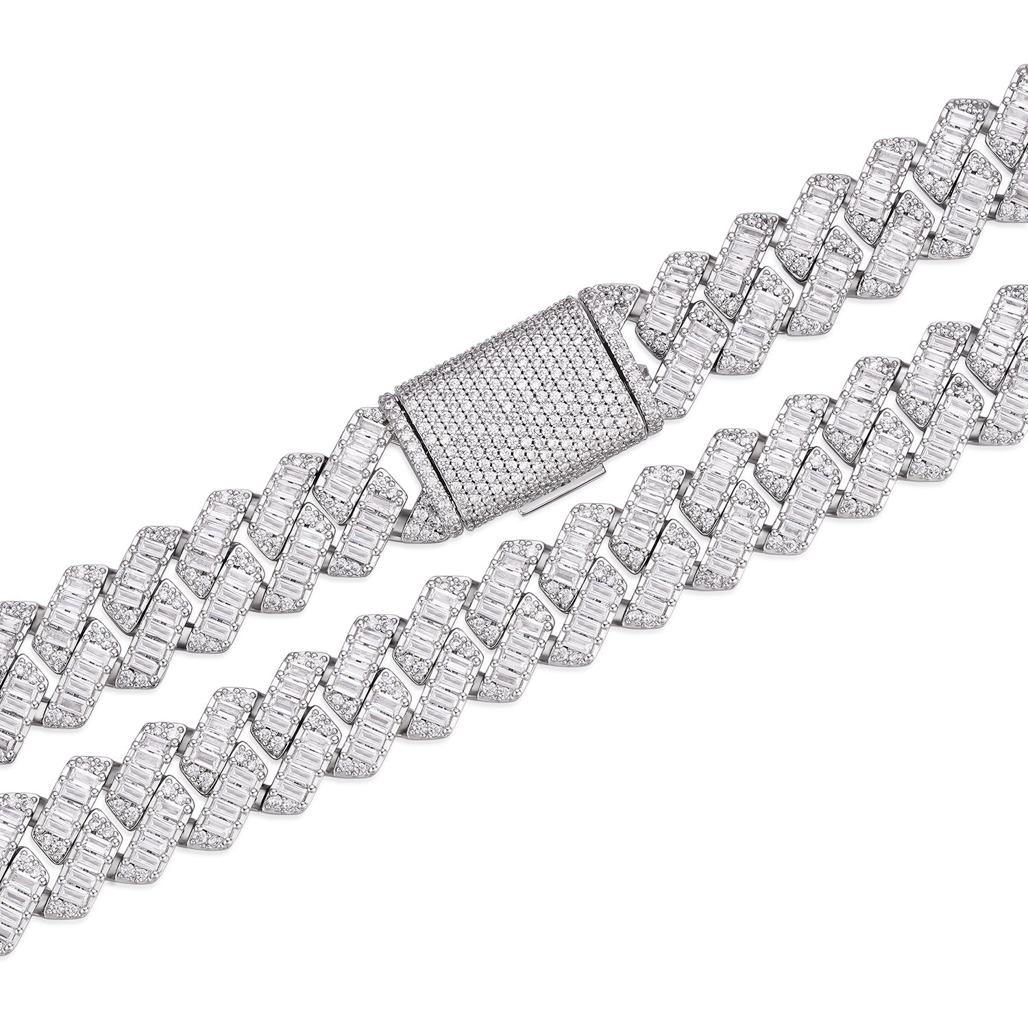 Baguette-cut  8-20mm VVS Colorless Moissanite Cuban Chain in 925 Sterling Silver