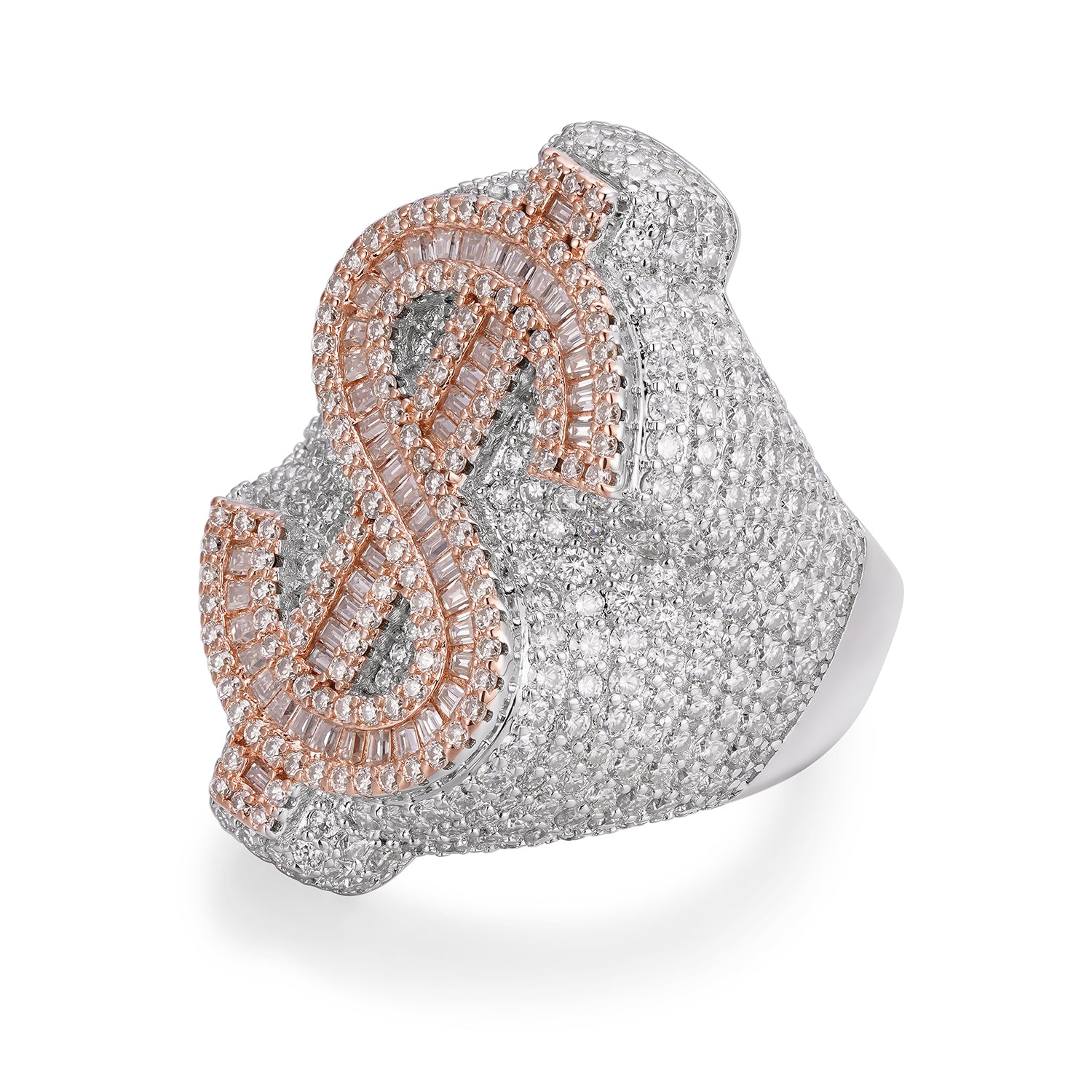 Baguette And Round Dollar Sign Statement  Moissanite Ring