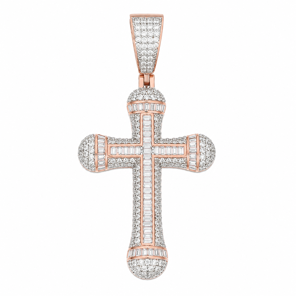 Baguette Channel Moissanite Cross Pendant  14K Gold Plated Over 925 Sterling Silver