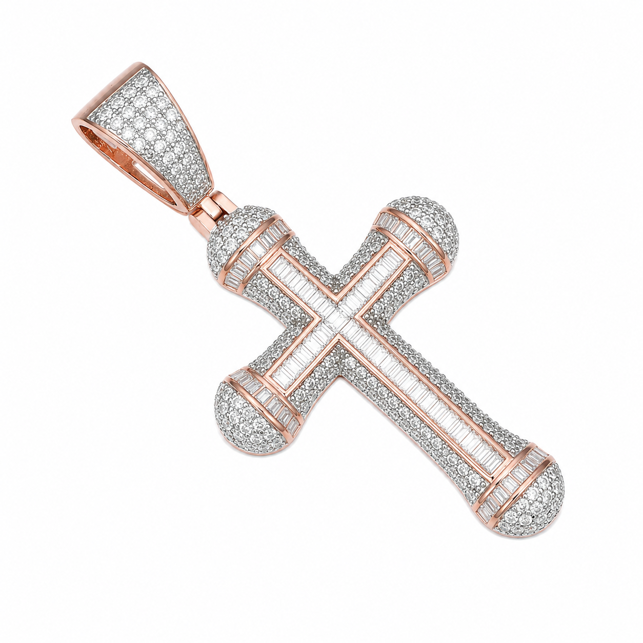 Baguette Channel Moissanite Cross Pendant  14K Gold Plated Over 925 Sterling Silver
