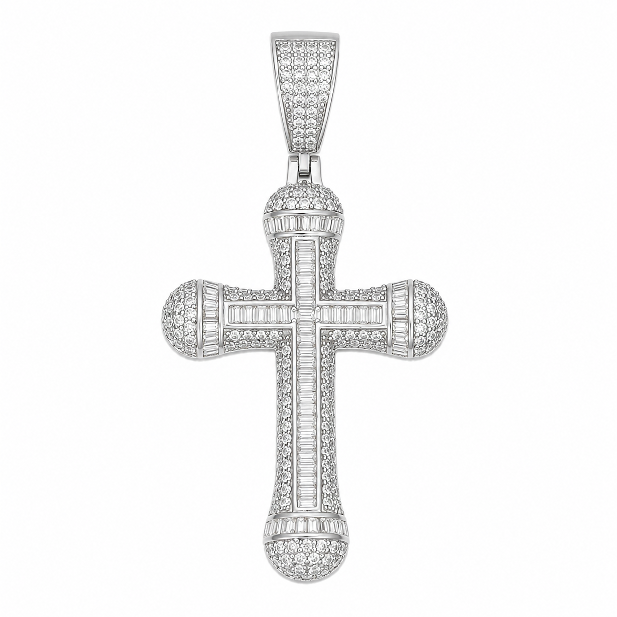 Baguette Channel Moissanite Cross Pendant  14K Gold Plated Over 925 Sterling Silver