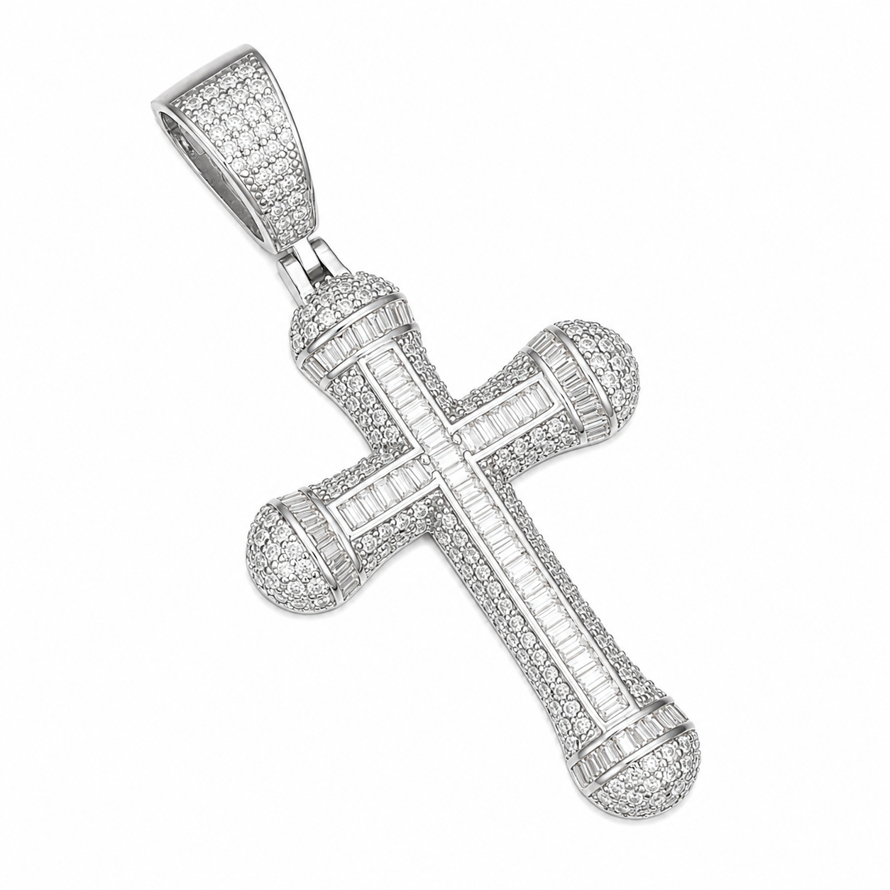 Baguette Channel Moissanite Cross Pendant  14K Gold Plated Over 925 Sterling Silver