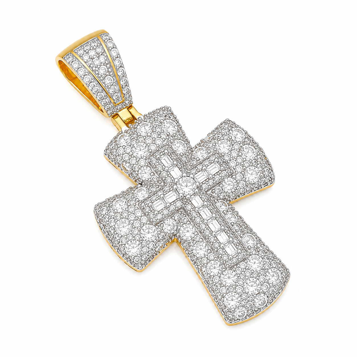 Baguette Double Cross Moissanite Pendant | 14K Gold Plated Over 925 Sterling Silver