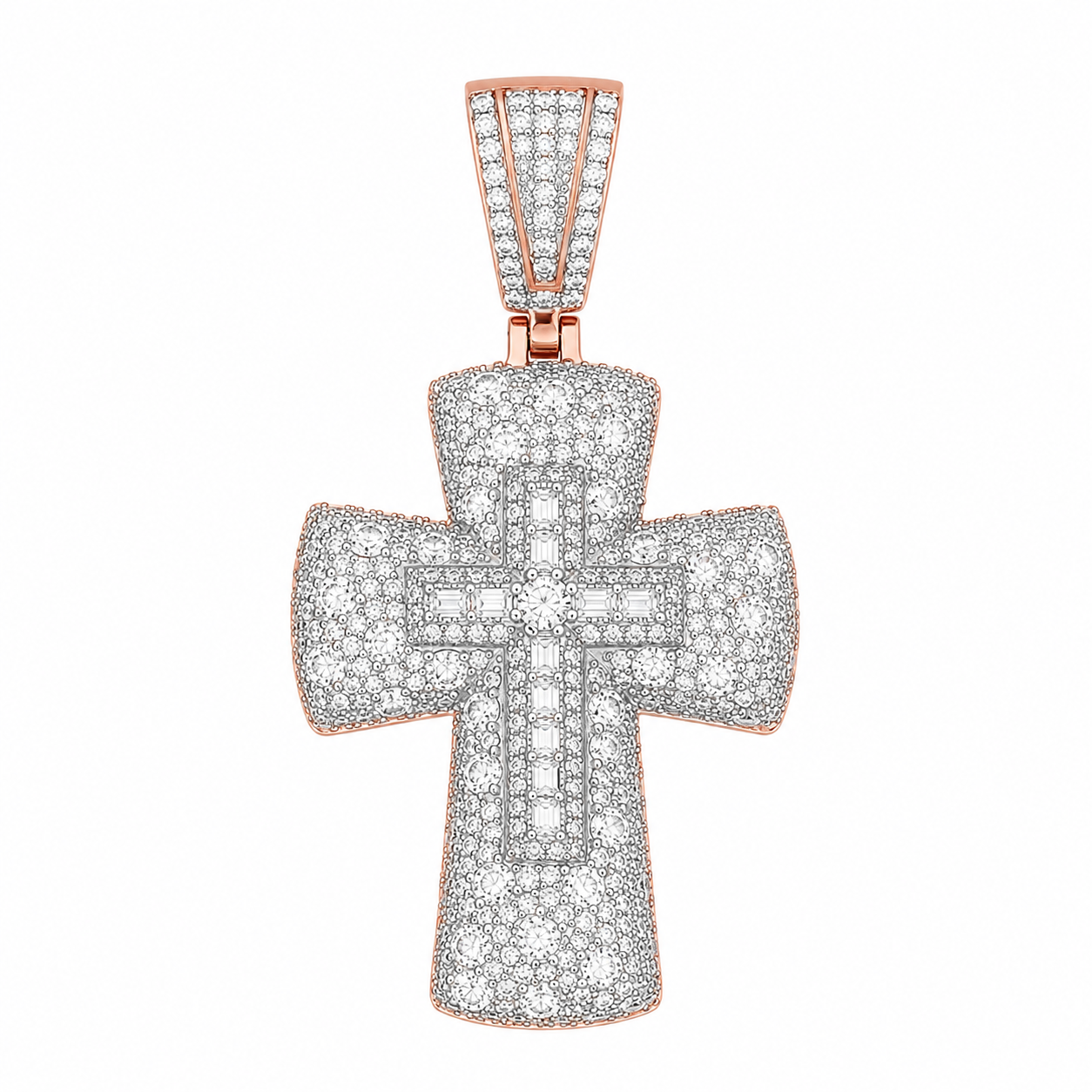 Baguette Double Cross Moissanite Pendant | 14K Gold Plated Over 925 Sterling Silver