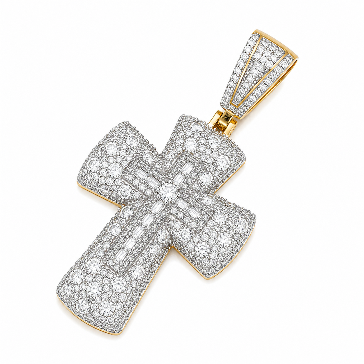Baguette Double Cross Moissanite Pendant | 14K Gold Plated Over 925 Sterling Silver