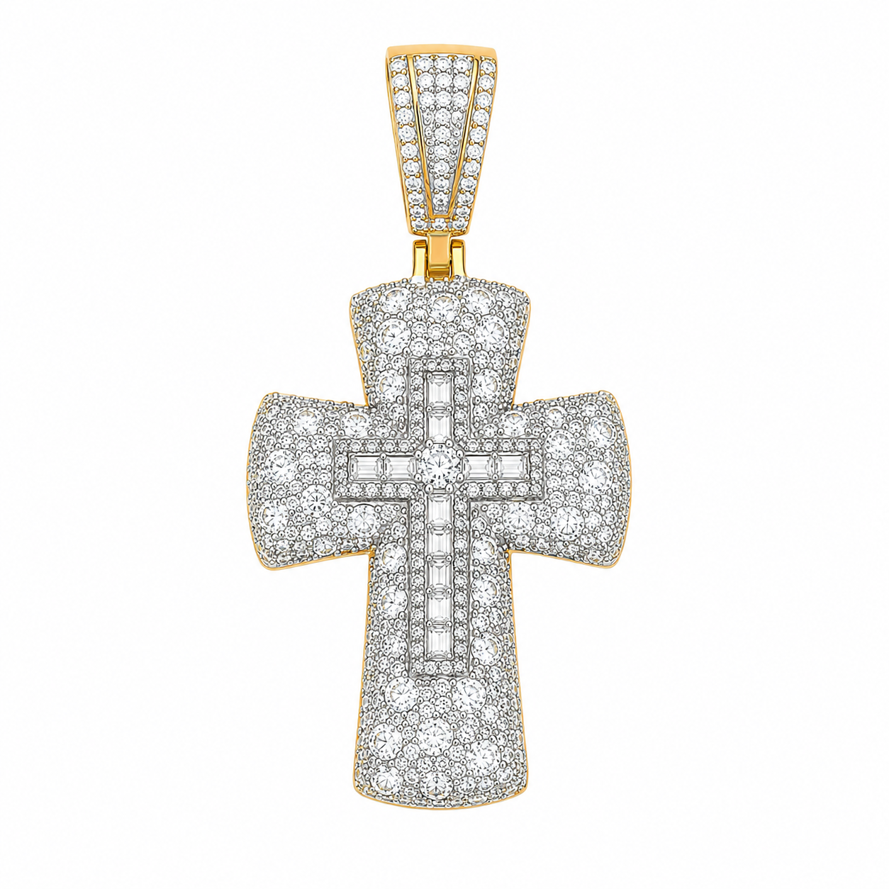Baguette Double Cross Moissanite Pendant | 14K Gold Plated Over 925 Sterling Silver