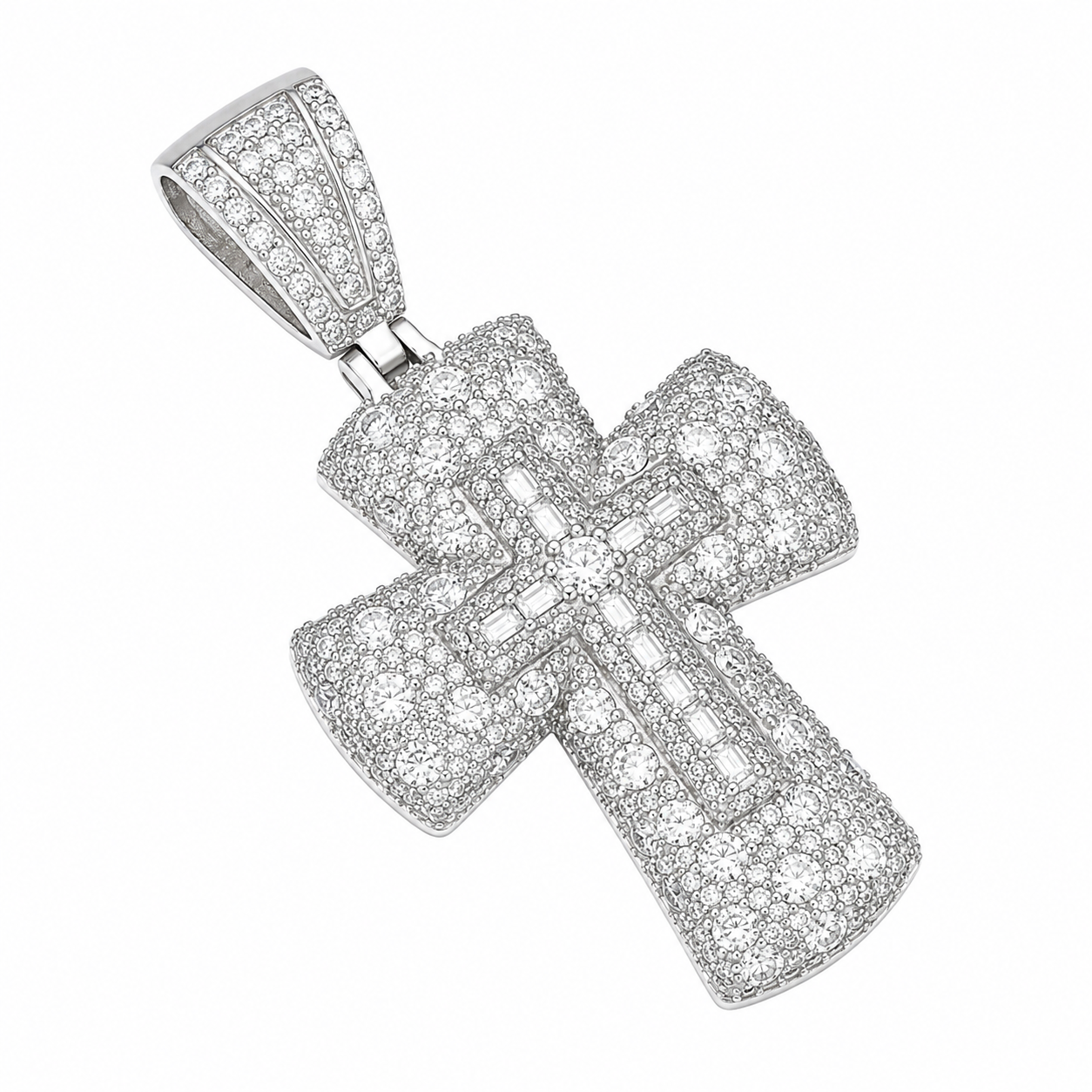 Baguette Double Cross Moissanite Pendant | 14K Gold Plated Over 925 Sterling Silver