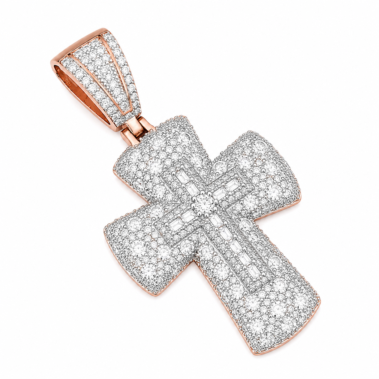 Baguette Double Cross Moissanite Pendant | 14K Gold Plated Over 925 Sterling Silver
