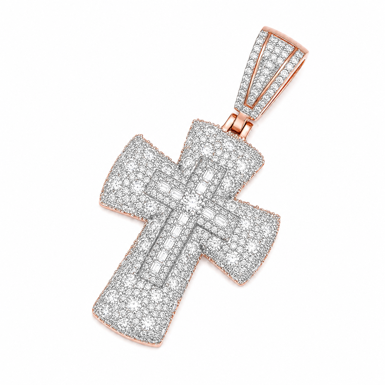 Baguette Double Cross Moissanite Pendant | 14K Gold Plated Over 925 Sterling Silver
